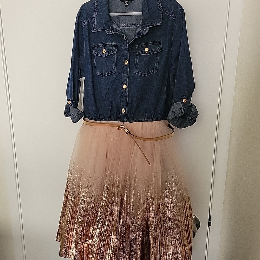 Girls Chic Denim Top with Glitter Ombre Skirt - Size XL (14/16)